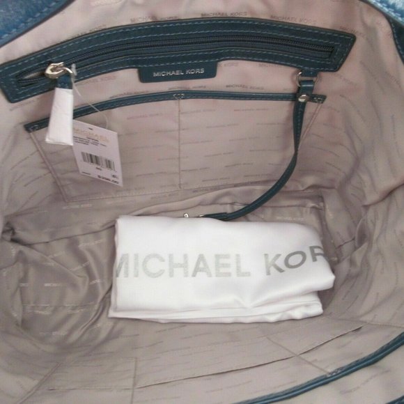 MICHAEL KORS DEVON TEAL LUX SILVER CALF LEATHER LARGE SHOULDER TOTE BAG NWT! - Picture 8 of 8